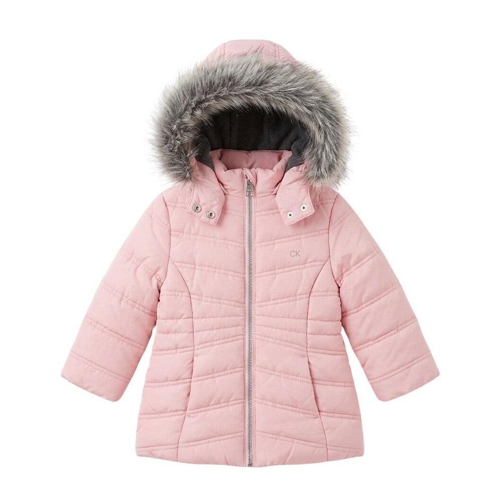Calvin Klein Baby Girls Pink Quilted Puffer Jacket Faux Fur Hood 18 Months